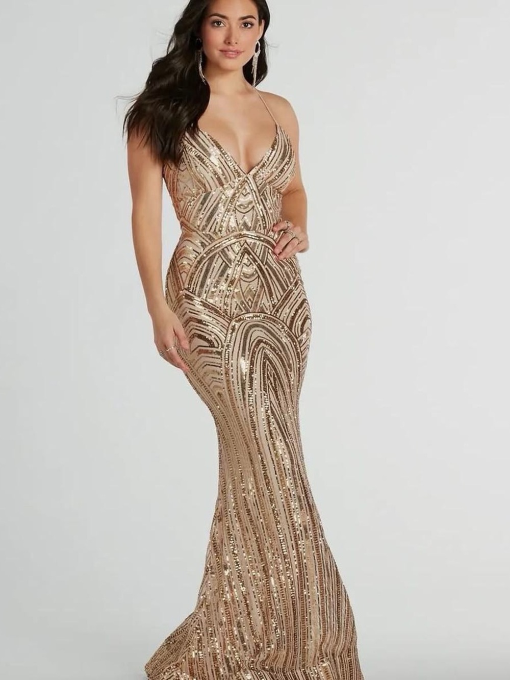 Windsor Rose Gold Sequin Plunging V-Neck Mermaid Dress